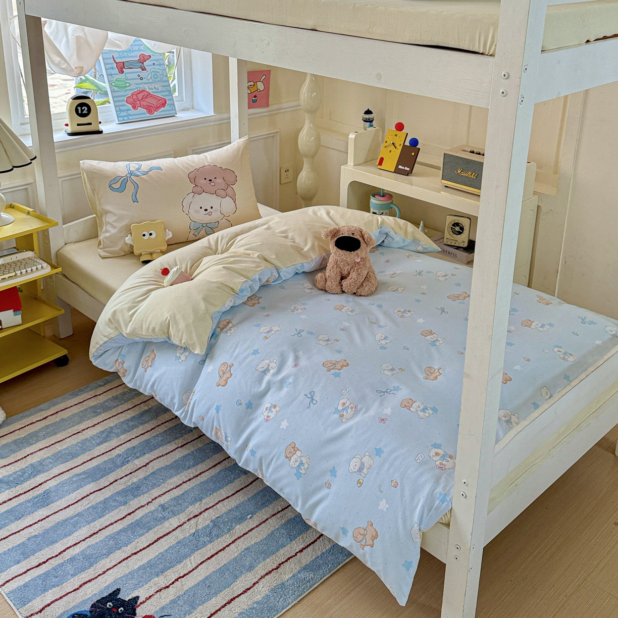 91家纺网 家纺一手货源 找家纺 海岛哥哥 2025新款软柔棉105g大版双面印花宿舍学生三件套上下铺三件套 奶芙小狗