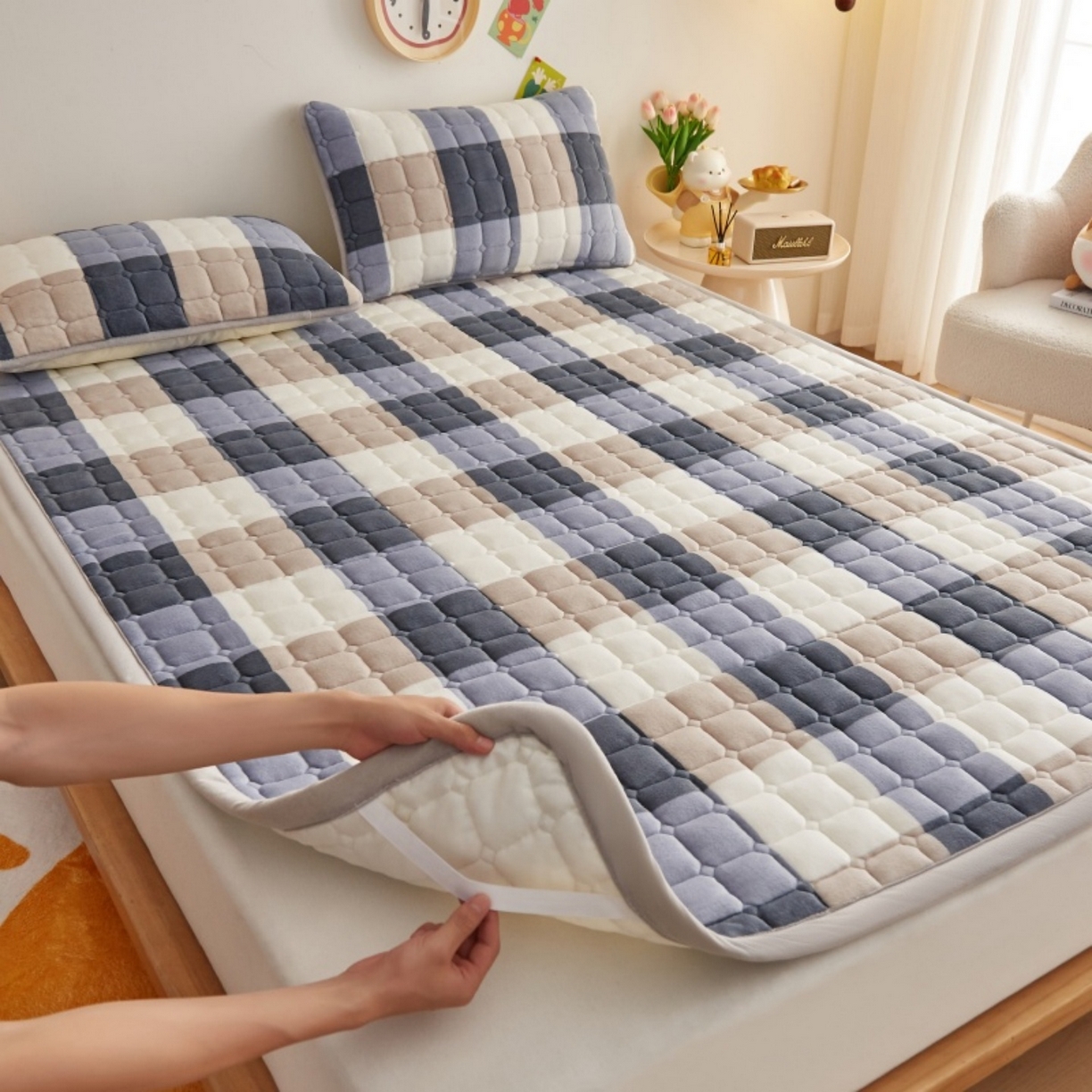 奇丝雅 2025新款A类牛奶绒夹棉印花床褥床垫家用软垫床护垫-大床款 大蓝格