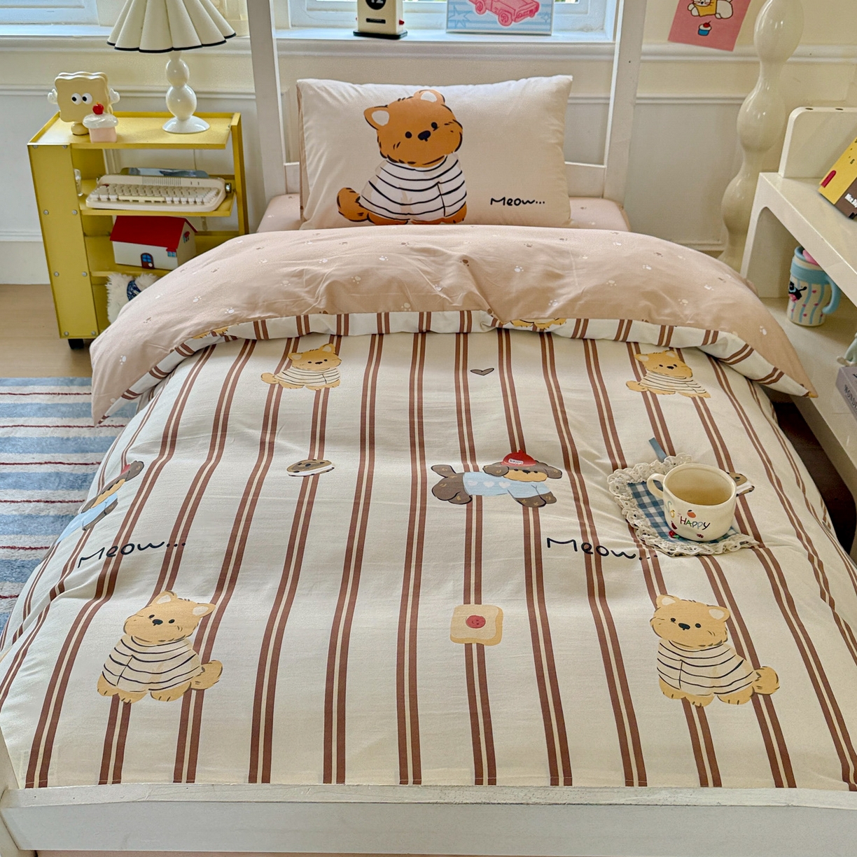 91家纺网 家纺一手货源 找家纺 海岛哥哥 2025新款软柔棉105g大版双面印花宿舍学生三件套上下铺三件套 巧克力犬米