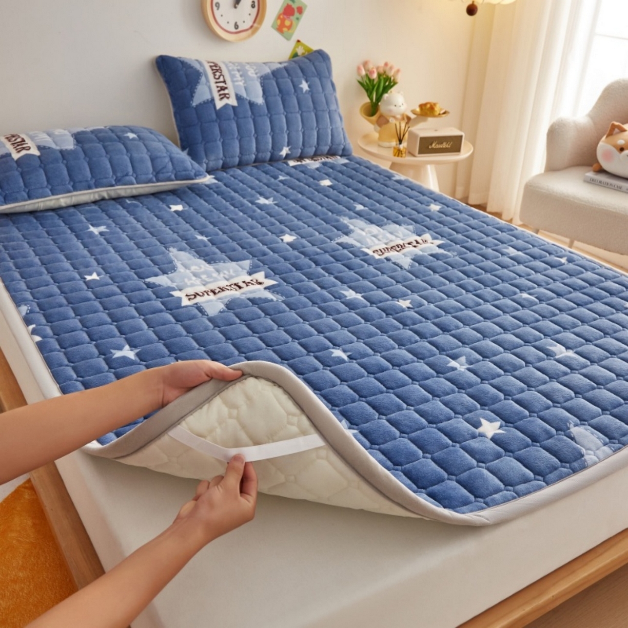 奇丝雅 2025新款A类牛奶绒夹棉印花床褥床垫家用软垫床护垫-大床款 幸运星