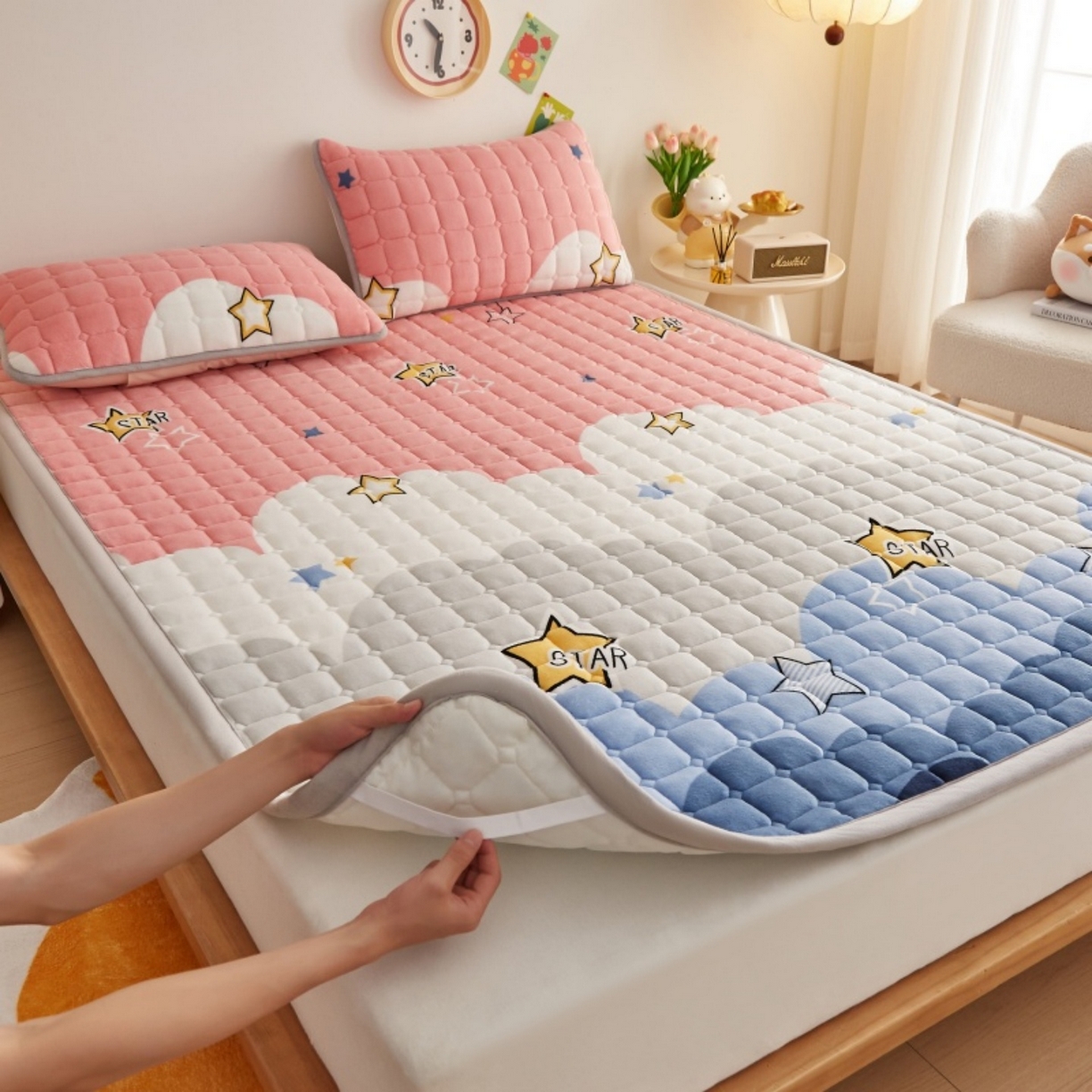 奇丝雅 2025新款A类牛奶绒夹棉印花床褥床垫家用软垫床护垫-大床款 水纹星