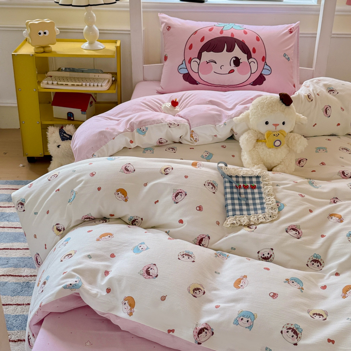 91家纺网 家纺一手货源 找家纺 海岛哥哥 2025新款软柔棉105g大版双面印花宿舍学生三件套上下铺三件套 甜心女孩