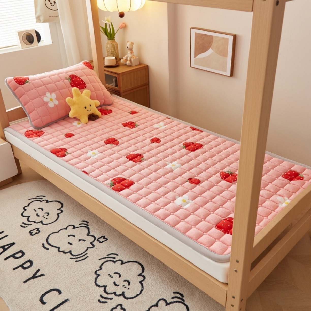 91家纺网 家纺一手货源 找家纺 奇丝雅 2025新款A类牛奶绒床褥床垫家用学生宿舍上下铺寝室软垫床护垫夹棉褥子-学生床垫 草莓物语