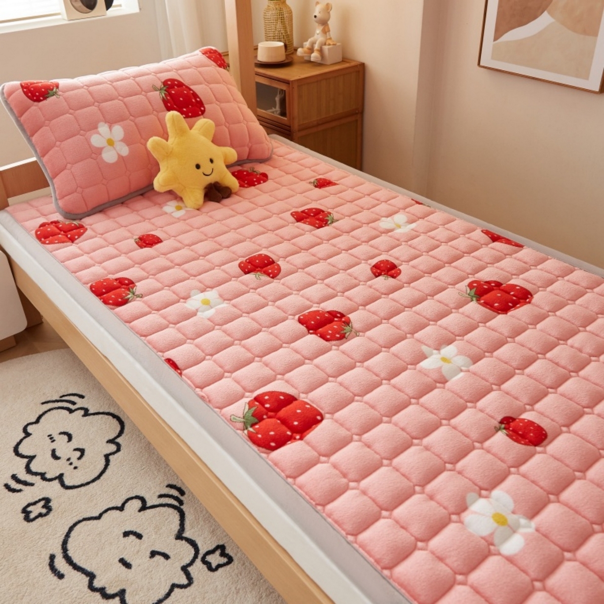 91家纺网 家纺一手货源 找家纺 奇丝雅 2025新款A类牛奶绒床褥床垫家用学生宿舍上下铺寝室软垫床护垫夹棉褥子-学生床垫 草莓物语