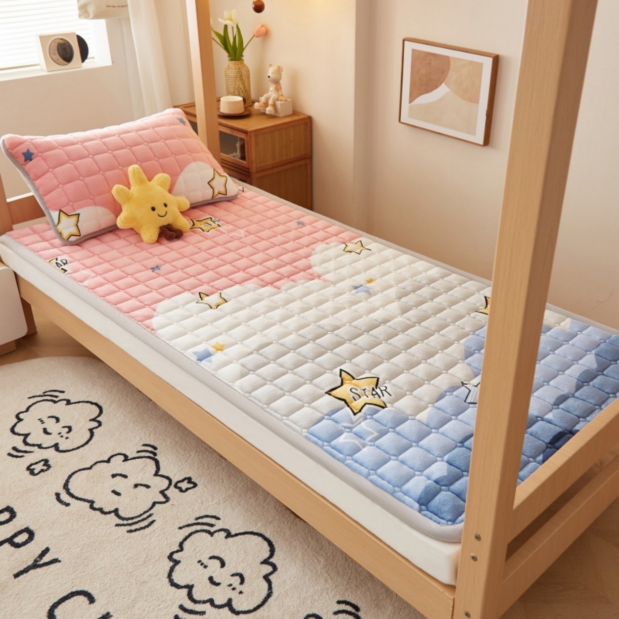 91家纺网 家纺一手货源 找家纺 奇丝雅 2025新款A类牛奶绒床褥床垫家用学生宿舍上下铺寝室软垫床护垫夹棉褥子-学生床垫 水纹星