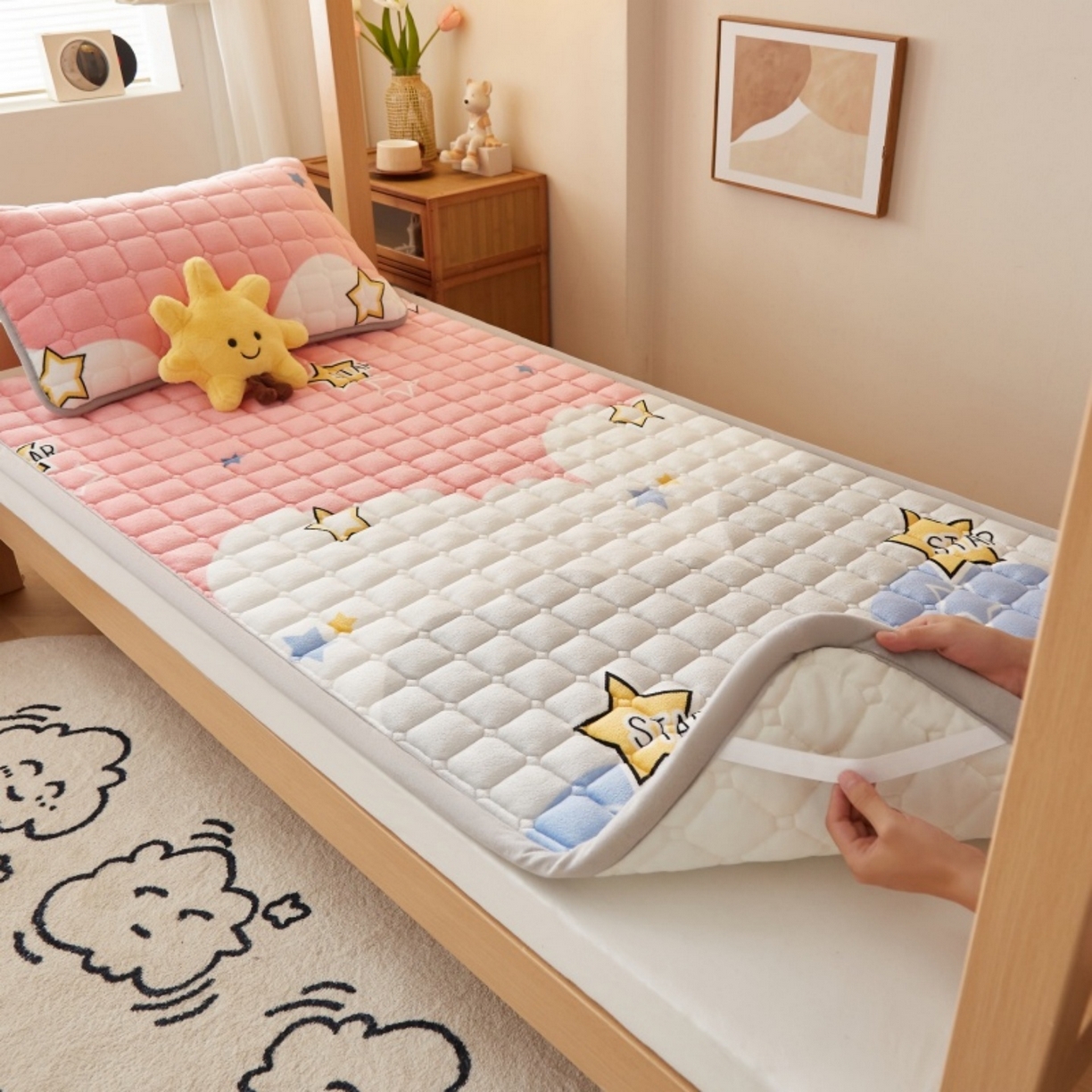 91家纺网 家纺一手货源 找家纺 奇丝雅 2025新款A类牛奶绒床褥床垫家用学生宿舍上下铺寝室软垫床护垫夹棉褥子-学生床垫 水纹星