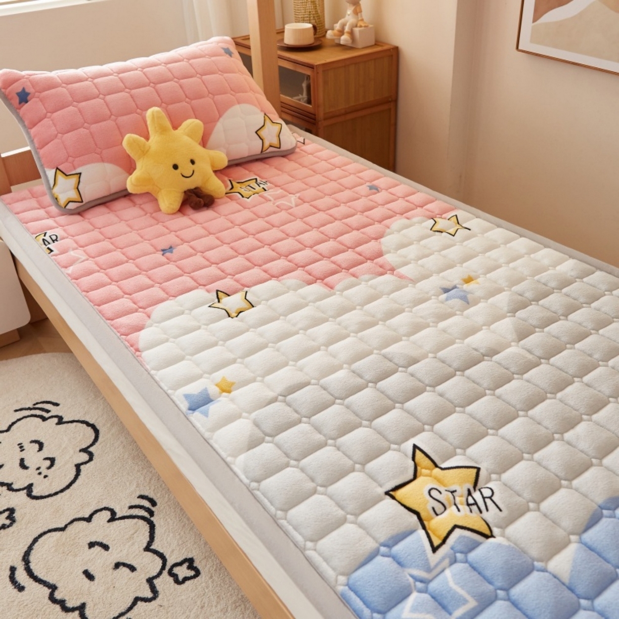 91家纺网 家纺一手货源 找家纺 奇丝雅 2025新款A类牛奶绒床褥床垫家用学生宿舍上下铺寝室软垫床护垫夹棉褥子-学生床垫 水纹星