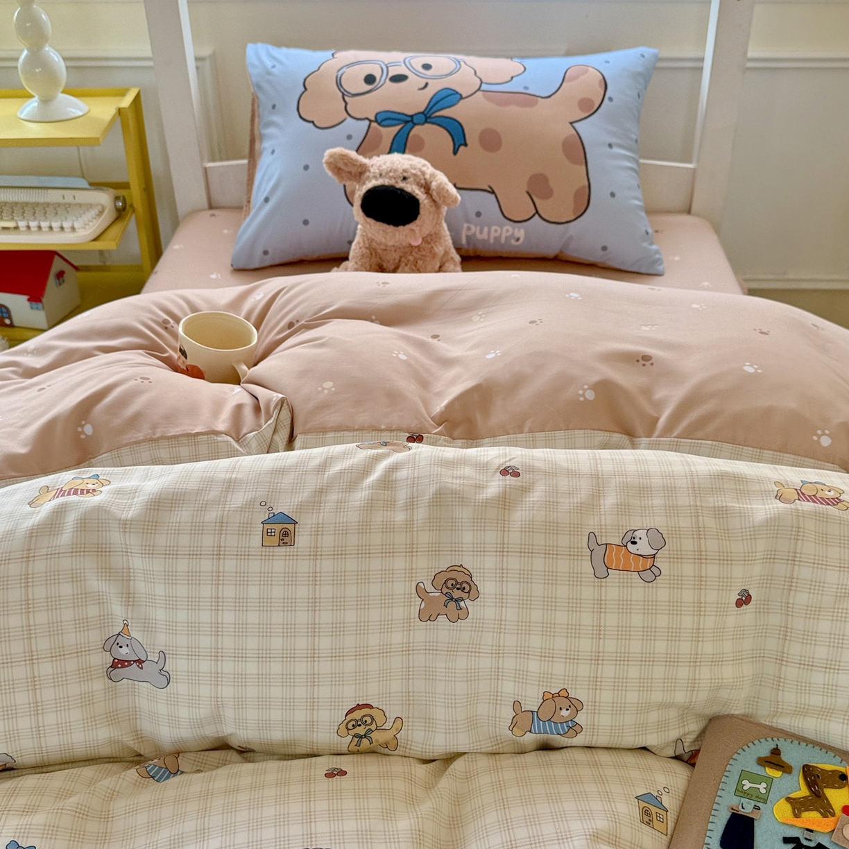 海岛哥哥 2025新款软柔棉105g大版双面印花宿舍学生三件套上下铺三件套 格子萌狗