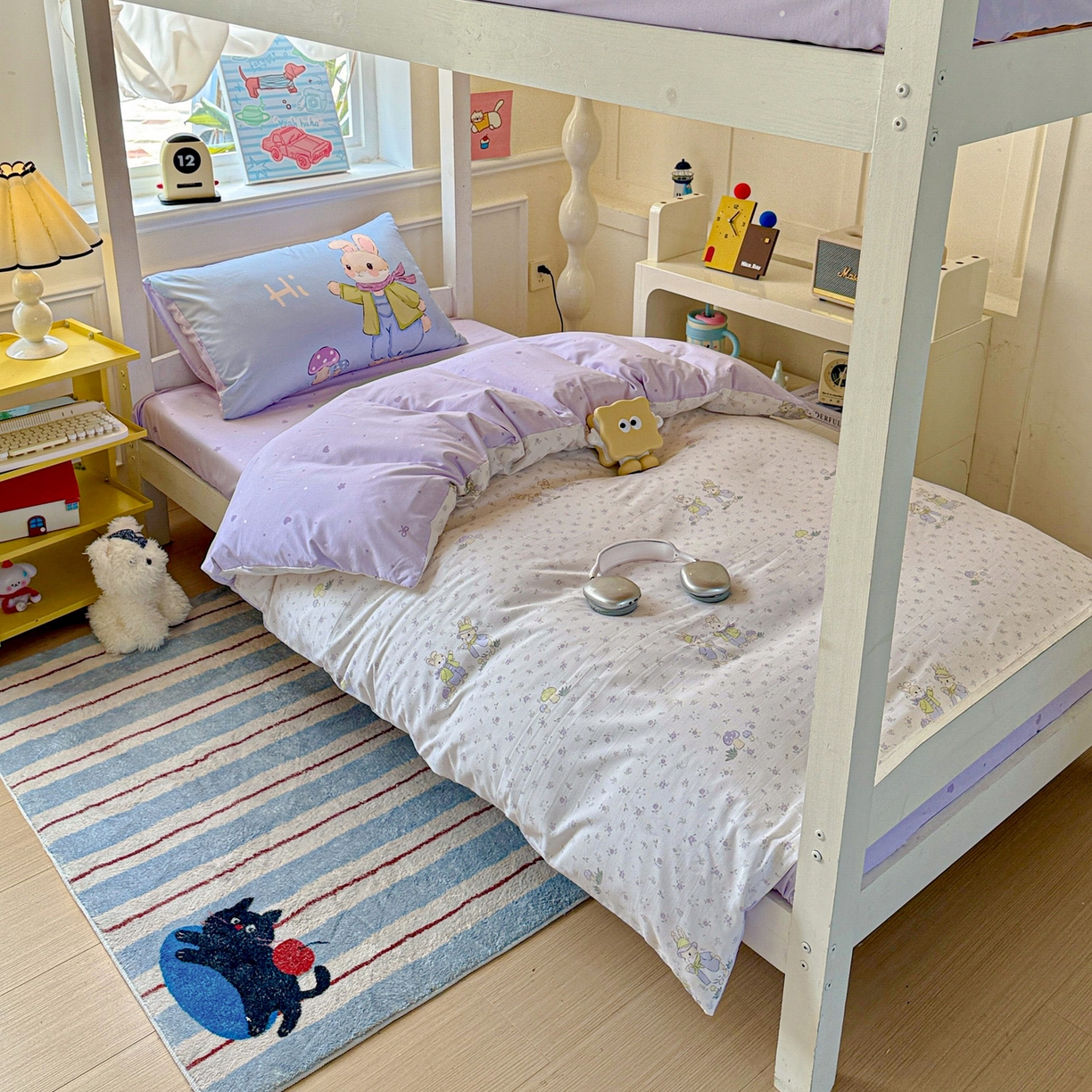 91家纺网 家纺一手货源 找家纺 海岛哥哥 2025新款软柔棉105g大版双面印花宿舍学生三件套上下铺三件套 萌兔花园米