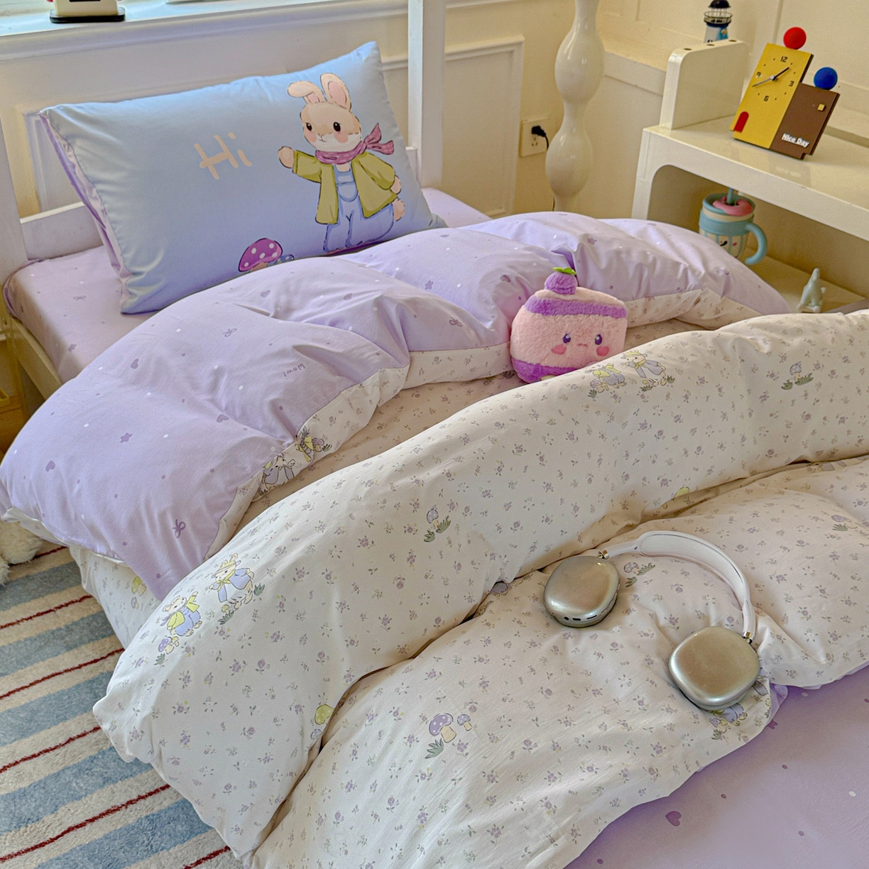 91家纺网 家纺一手货源 找家纺 海岛哥哥 2025新款软柔棉105g大版双面印花宿舍学生三件套上下铺三件套 萌兔花园米