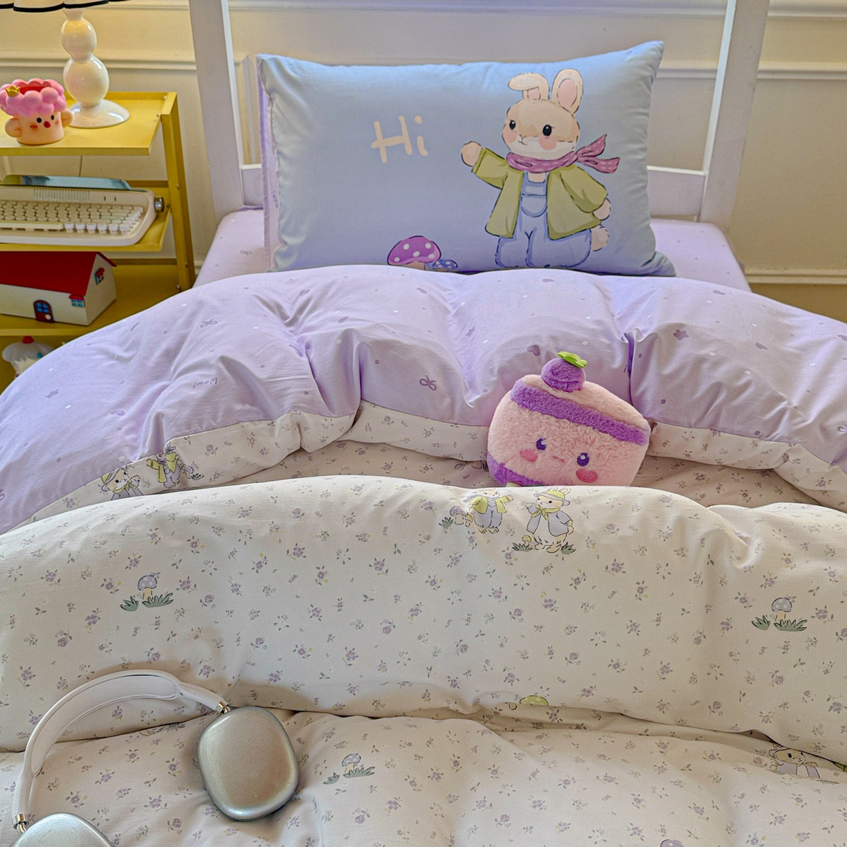 海岛哥哥 2025新款软柔棉105g大版双面印花宿舍学生三件套上下铺三件套 萌兔花园米