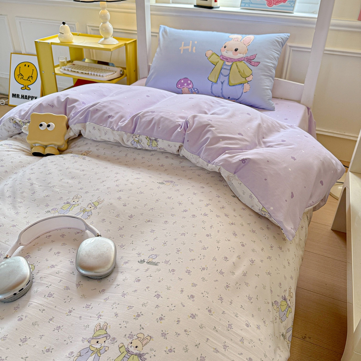 91家纺网 家纺一手货源 找家纺 海岛哥哥 2025新款软柔棉105g大版双面印花宿舍学生三件套上下铺三件套 萌兔花园米