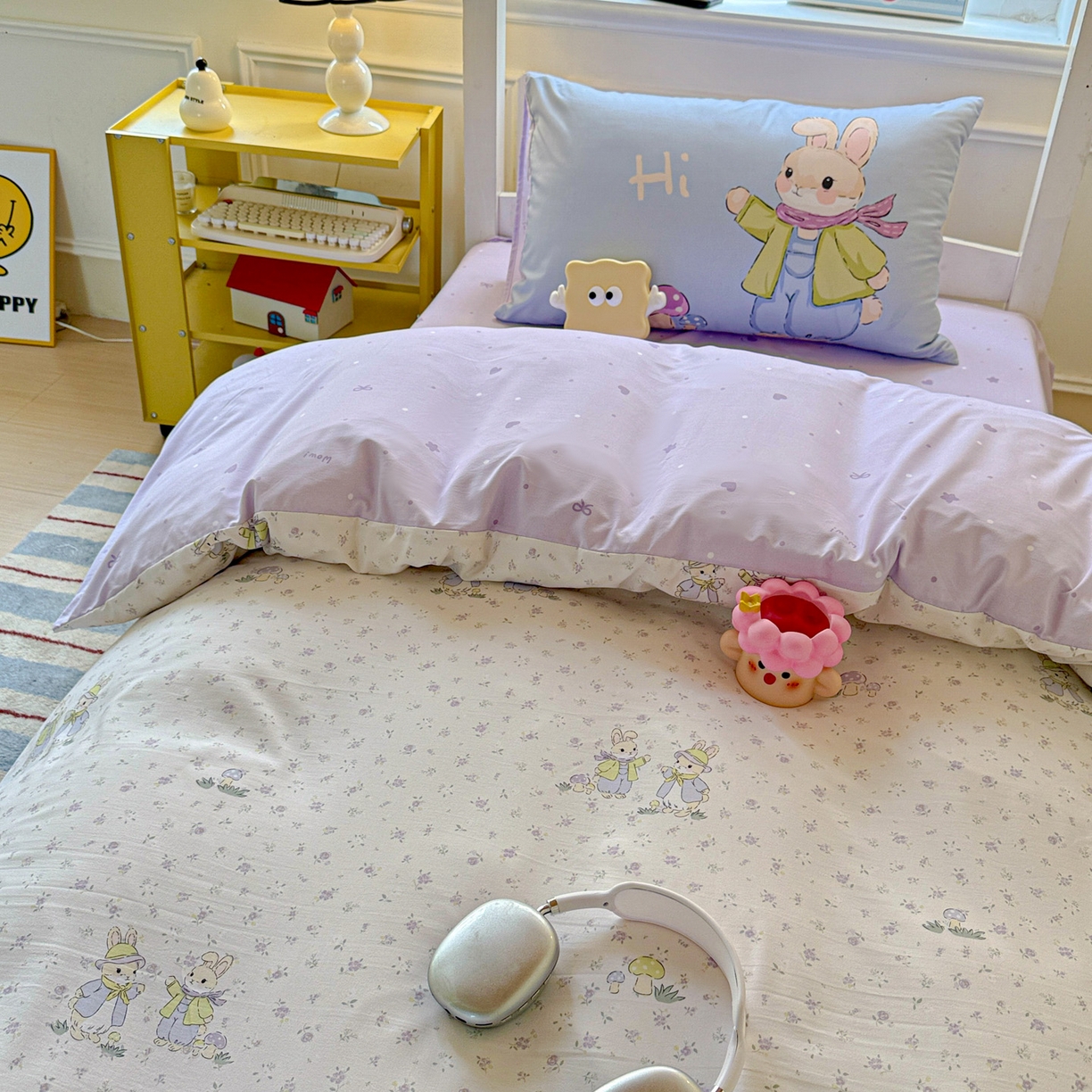 91家纺网 家纺一手货源 找家纺 海岛哥哥 2025新款软柔棉105g大版双面印花宿舍学生三件套上下铺三件套 萌兔花园米