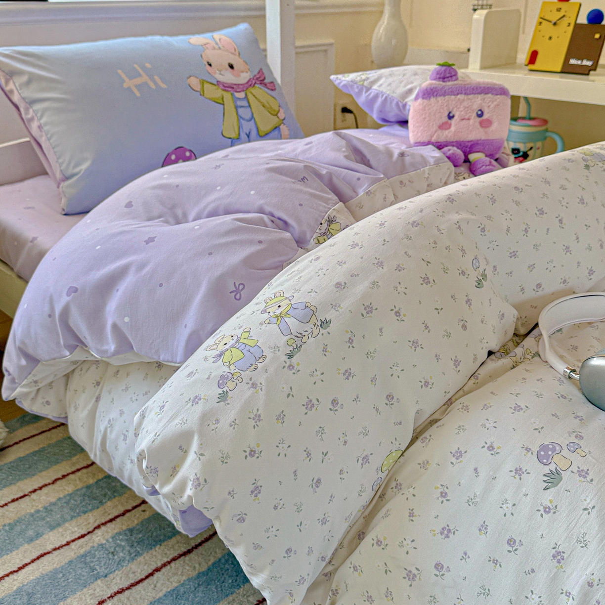 91家纺网 家纺一手货源 找家纺 海岛哥哥 2025新款软柔棉105g大版双面印花宿舍学生三件套上下铺三件套 萌兔花园米