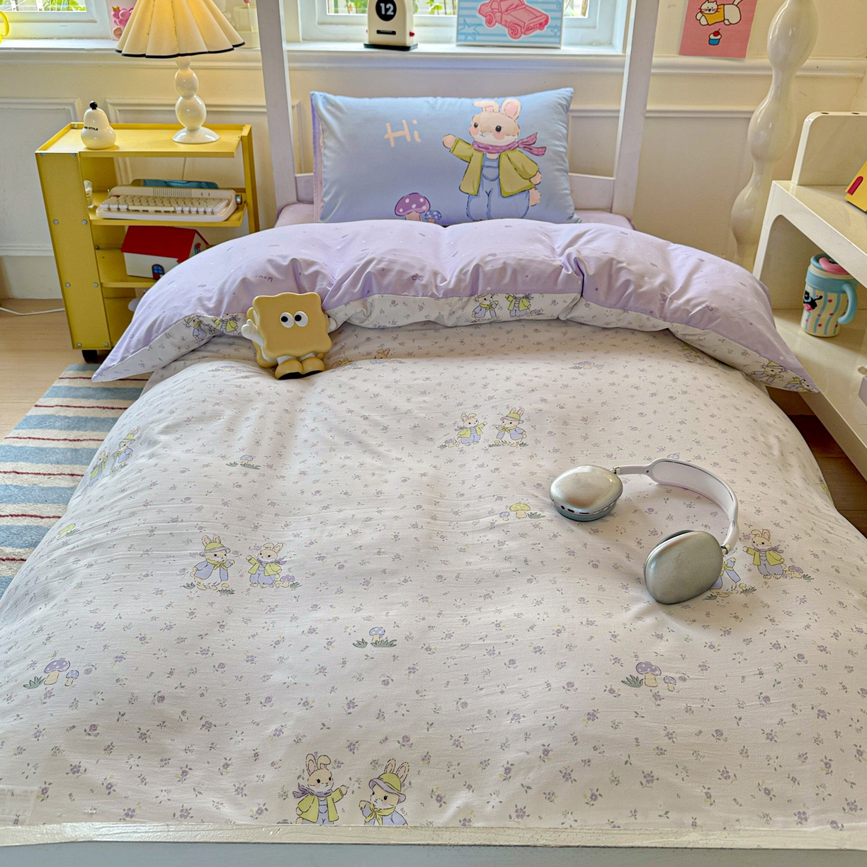 91家纺网 家纺一手货源 找家纺 海岛哥哥 2025新款软柔棉105g大版双面印花宿舍学生三件套上下铺三件套 萌兔花园米