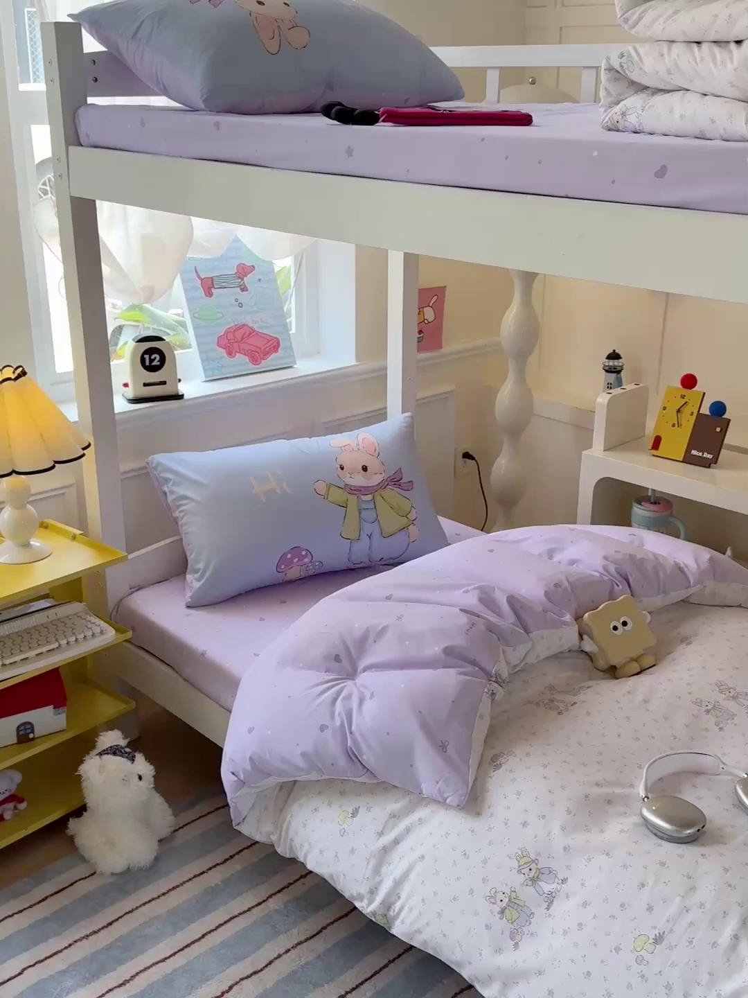 91家纺网 家纺一手货源 找家纺 海岛哥哥 2025新款软柔棉105g大版双面印花宿舍学生三件套上下铺三件套 萌兔花园米