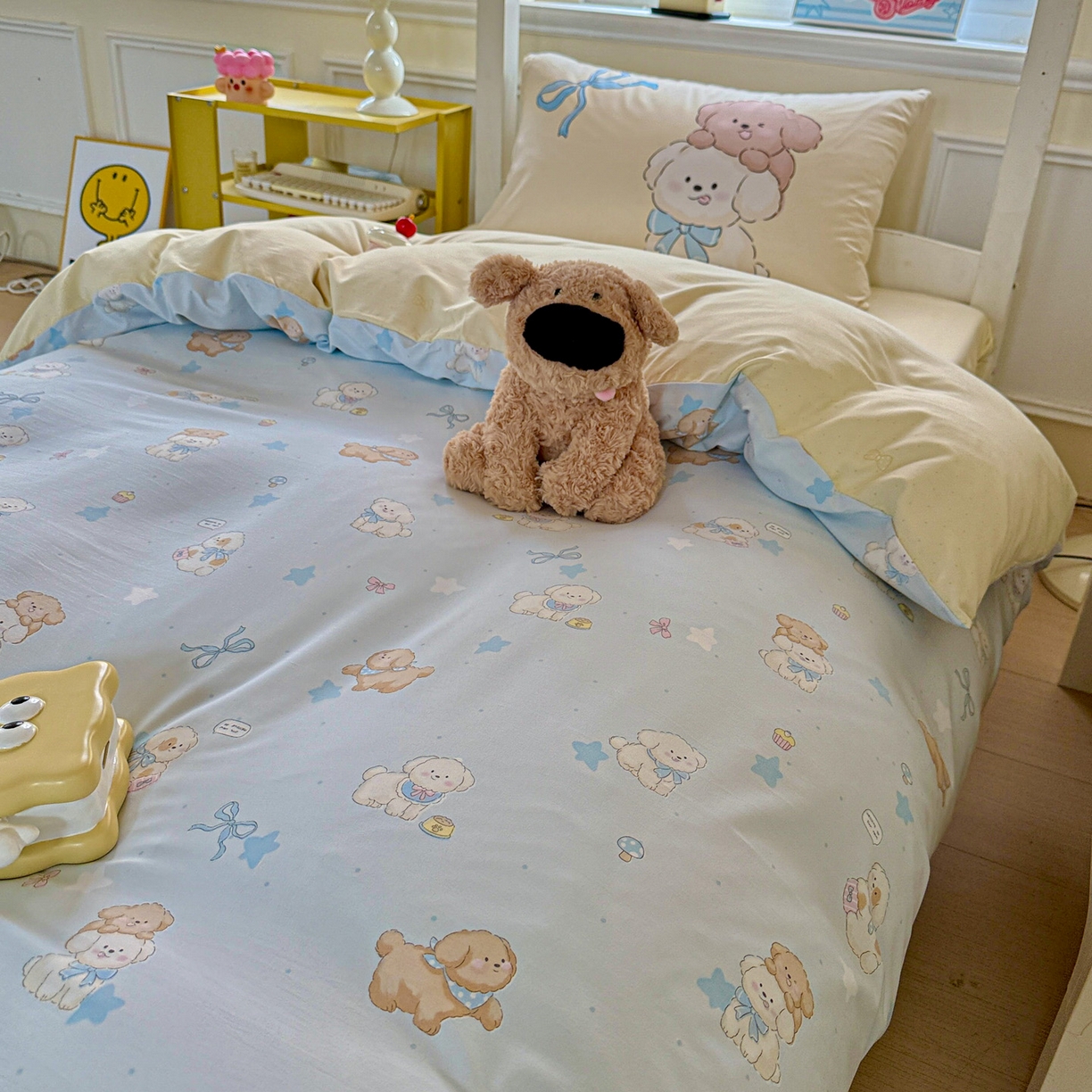 91家纺网 家纺一手货源 找家纺 海岛哥哥 2025新款软柔棉105g大版双面印花宿舍学生三件套上下铺三件套 奶芙小狗