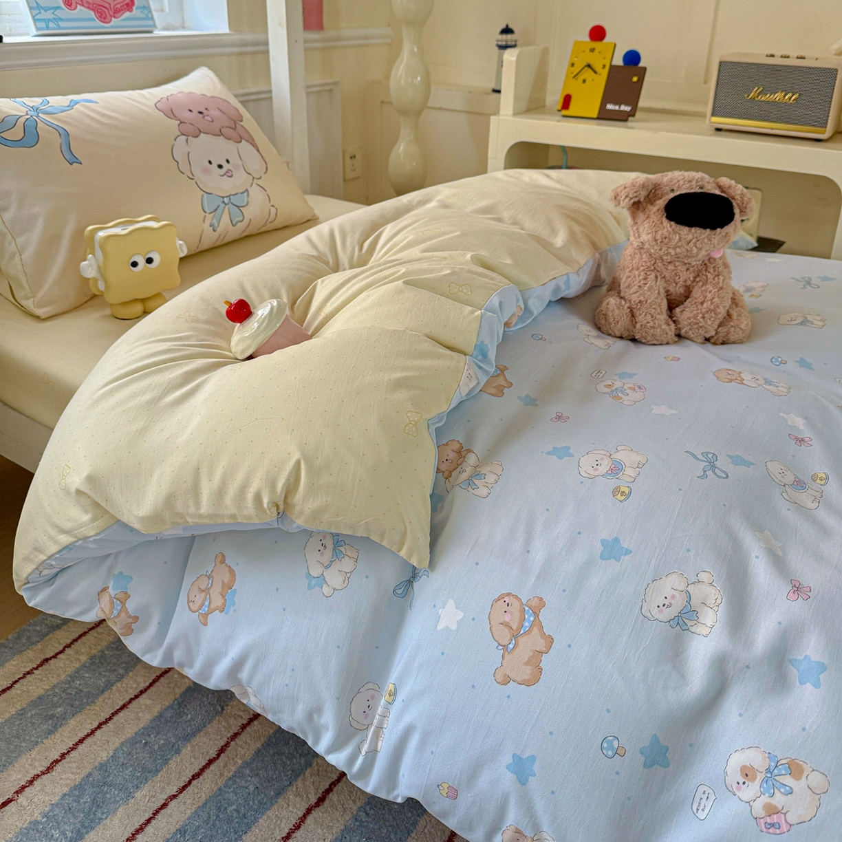 91家纺网 家纺一手货源 找家纺 海岛哥哥 2025新款软柔棉105g大版双面印花宿舍学生三件套上下铺三件套 奶芙小狗