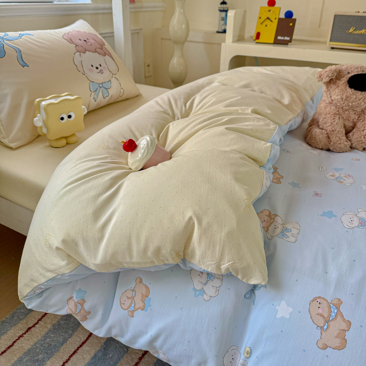 91家纺网 家纺一手货源 找家纺 海岛哥哥 2025新款软柔棉105g大版双面印花宿舍学生三件套上下铺三件套 奶芙小狗