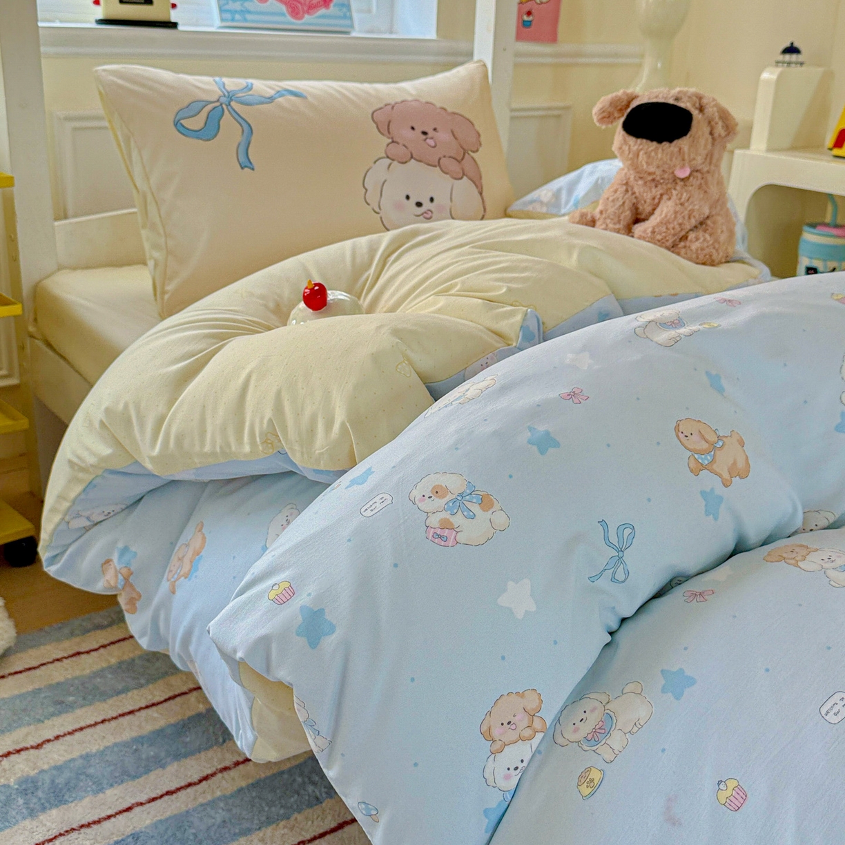 91家纺网 家纺一手货源 找家纺 海岛哥哥 2025新款软柔棉105g大版双面印花宿舍学生三件套上下铺三件套 奶芙小狗