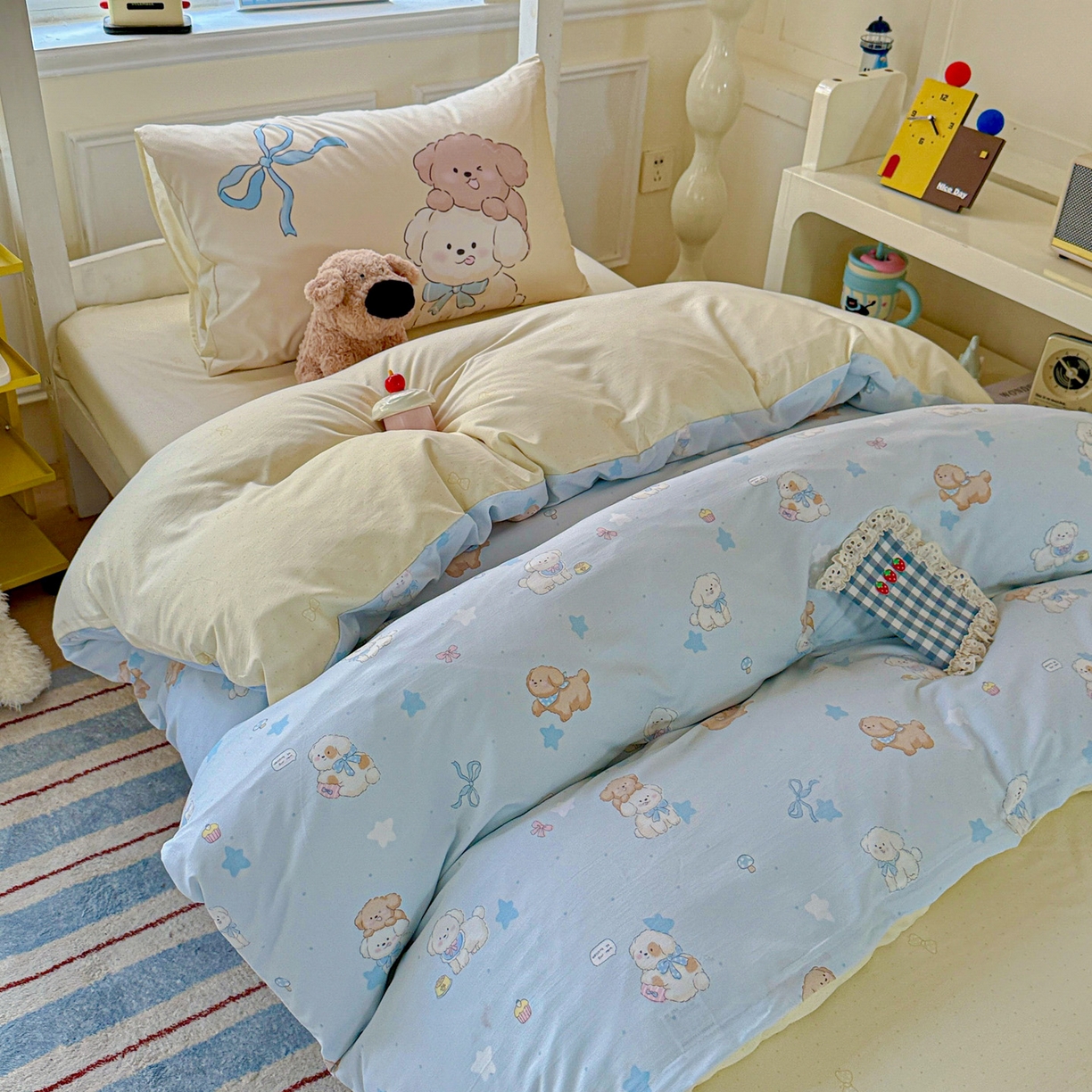 91家纺网 家纺一手货源 找家纺 海岛哥哥 2025新款软柔棉105g大版双面印花宿舍学生三件套上下铺三件套 奶芙小狗