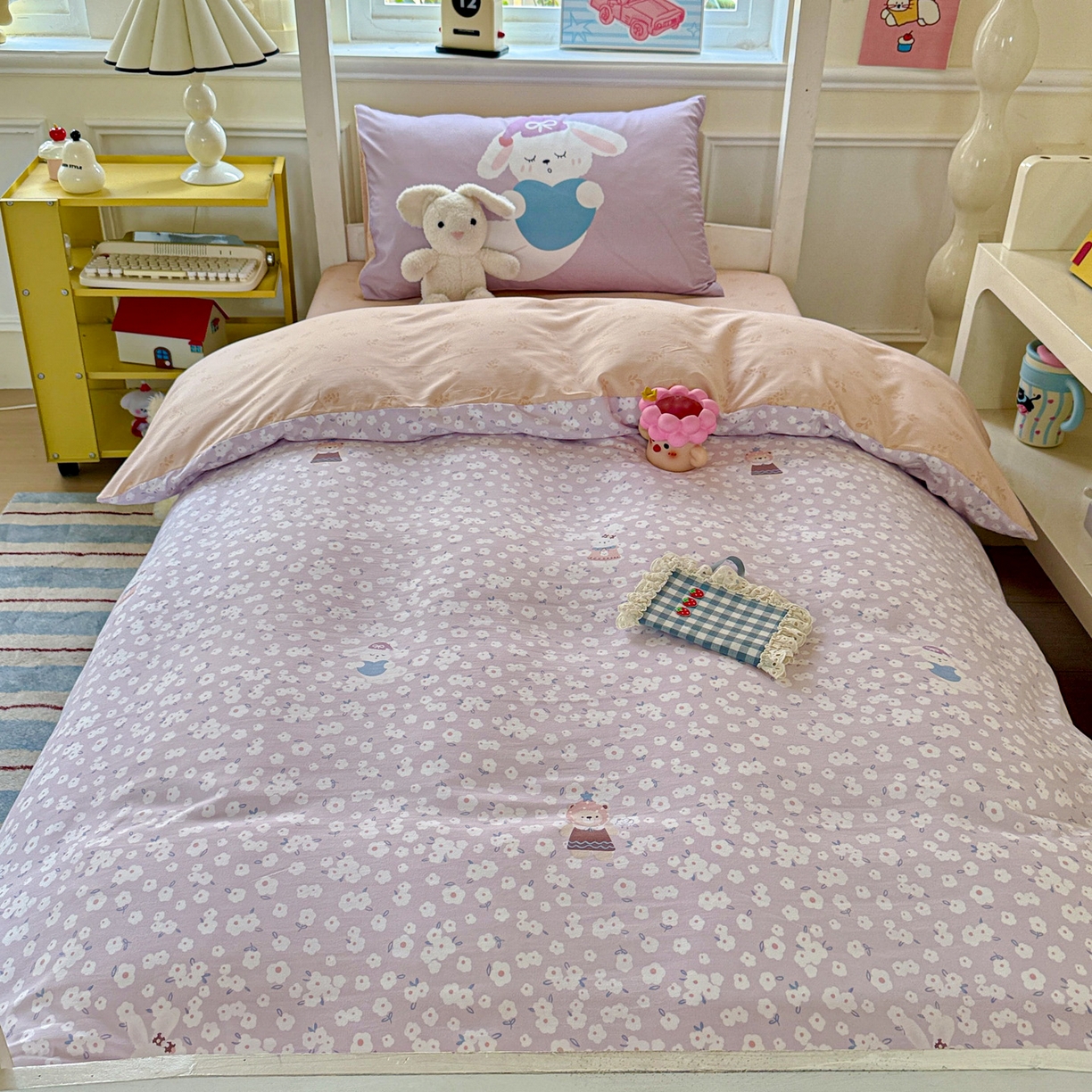 91家纺网 家纺一手货源 找家纺 海岛哥哥 2025新款软柔棉105g大版双面印花宿舍学生三件套上下铺三件套 兔软软