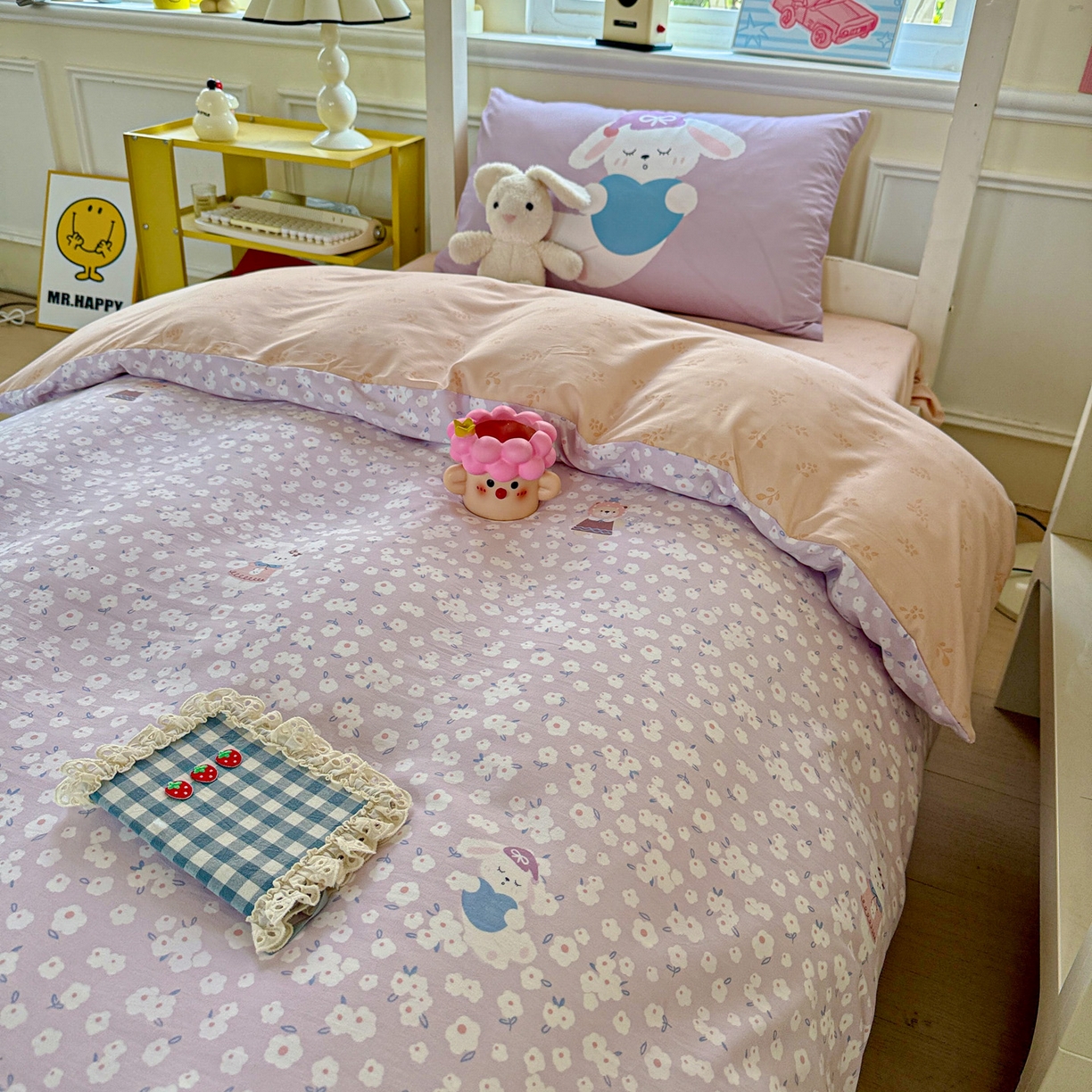 91家纺网 家纺一手货源 找家纺 海岛哥哥 2025新款软柔棉105g大版双面印花宿舍学生三件套上下铺三件套 兔软软