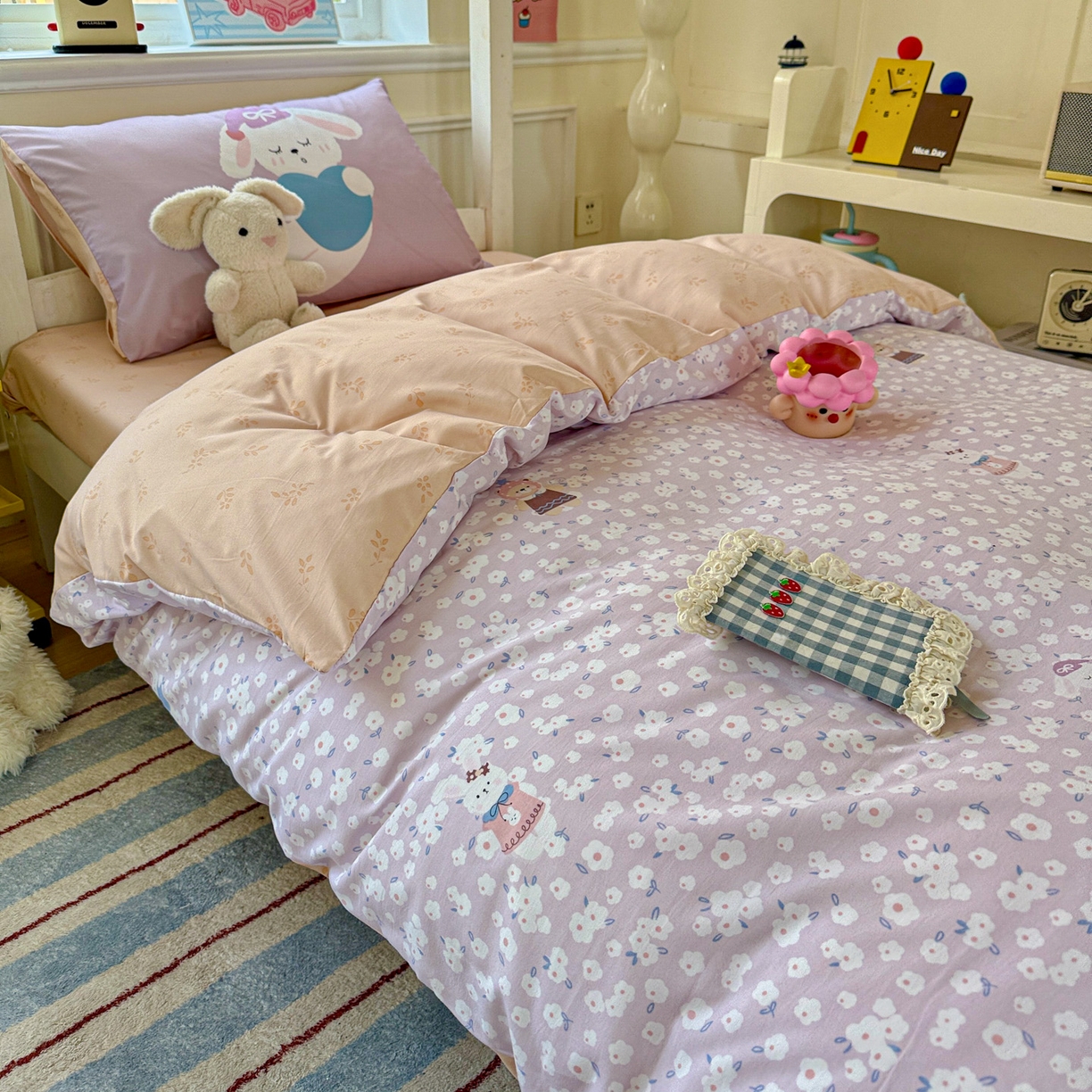 91家纺网 家纺一手货源 找家纺 海岛哥哥 2025新款软柔棉105g大版双面印花宿舍学生三件套上下铺三件套 兔软软