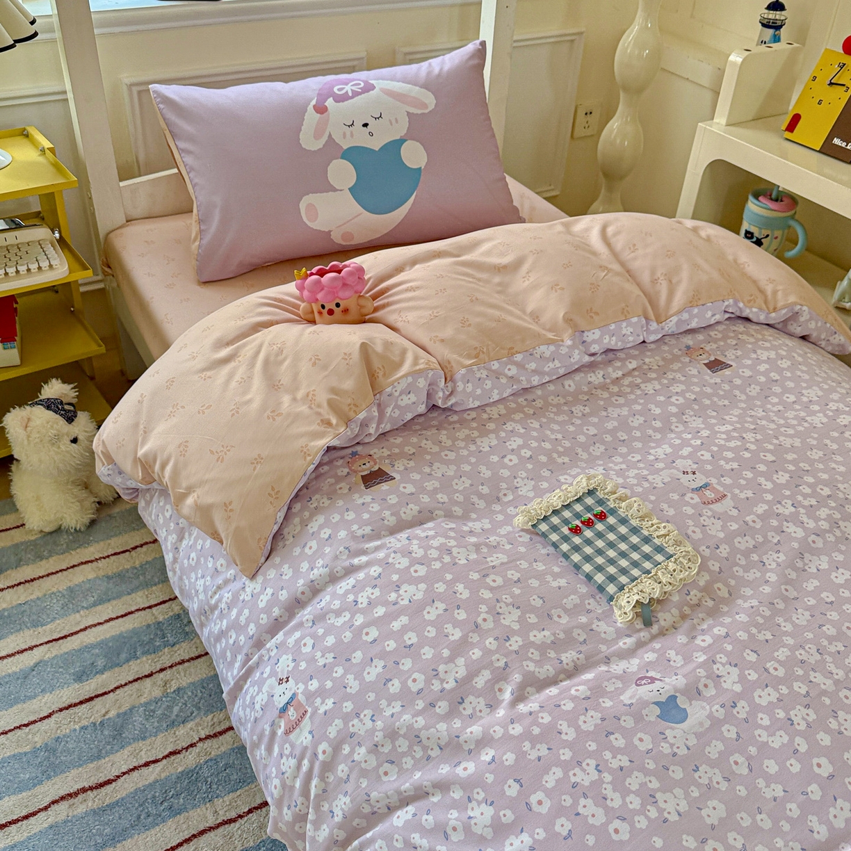 91家纺网 家纺一手货源 找家纺 海岛哥哥 2025新款软柔棉105g大版双面印花宿舍学生三件套上下铺三件套 兔软软