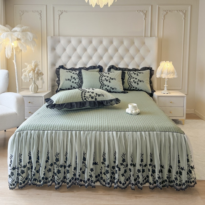 91家纺网 家纺一手货源 找家纺 恋尚 2025新款香云纱床裙四件套-赫本妮娅 赫本妮娅-橄榄绿