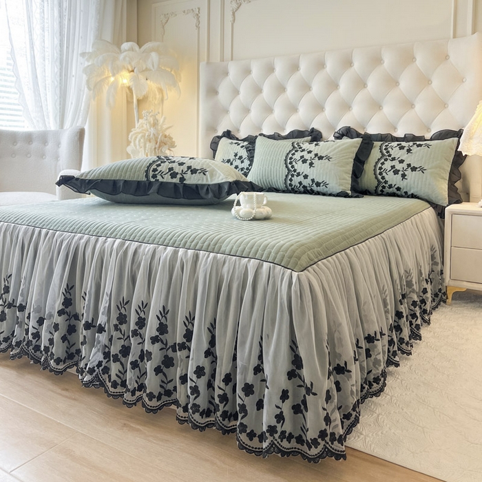 91家纺网 家纺一手货源 找家纺 恋尚 2025新款香云纱床裙四件套-赫本妮娅 赫本妮娅-橄榄绿