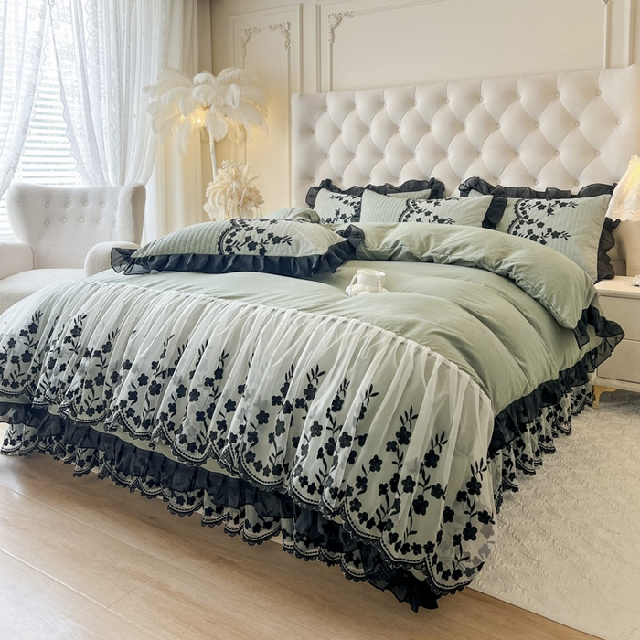 91家纺网 家纺一手货源 找家纺 恋尚 2025新款香云纱床裙四件套-赫本妮娅 赫本妮娅-橄榄绿