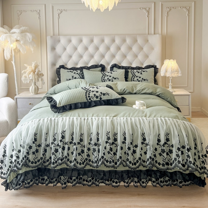 91家纺网 家纺一手货源 找家纺 恋尚 2025新款香云纱床裙四件套-赫本妮娅 赫本妮娅-橄榄绿