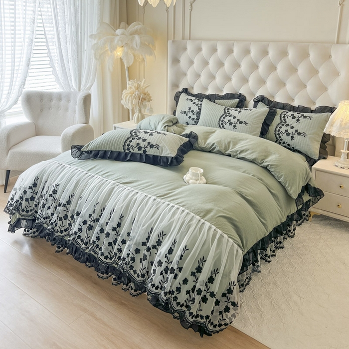 91家纺网 家纺一手货源 找家纺 恋尚 2025新款香云纱床裙四件套-赫本妮娅 赫本妮娅-橄榄绿