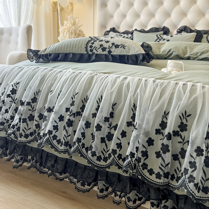 91家纺网 家纺一手货源 找家纺 恋尚 2025新款香云纱床裙四件套-赫本妮娅 赫本妮娅-橄榄绿