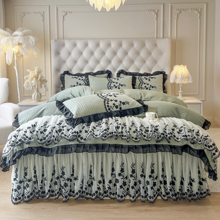 91家纺网 家纺一手货源 找家纺 恋尚 2025新款香云纱床裙四件套-赫本妮娅 赫本妮娅-橄榄绿