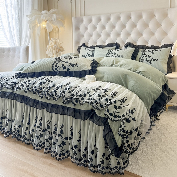 91家纺网 家纺一手货源 找家纺 恋尚 2025新款香云纱床裙四件套-赫本妮娅 赫本妮娅-橄榄绿