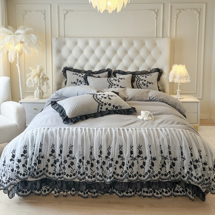 91家纺网 家纺一手货源 找家纺 恋尚 2025新款香云纱床裙四件套-赫本妮娅 赫本妮娅-浅灰