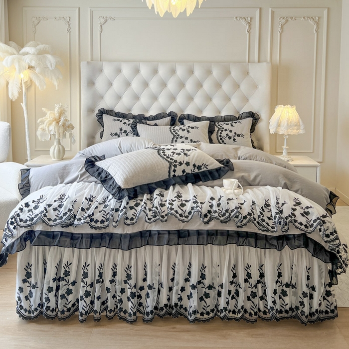 91家纺网 家纺一手货源 找家纺 恋尚 2025新款香云纱床裙四件套-赫本妮娅 赫本妮娅-浅灰