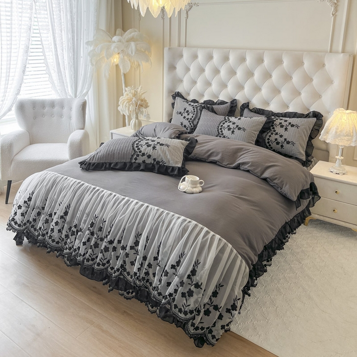 91家纺网 家纺一手货源 找家纺 恋尚 2025新款香云纱床裙四件套-赫本妮娅 赫本妮娅-深灰