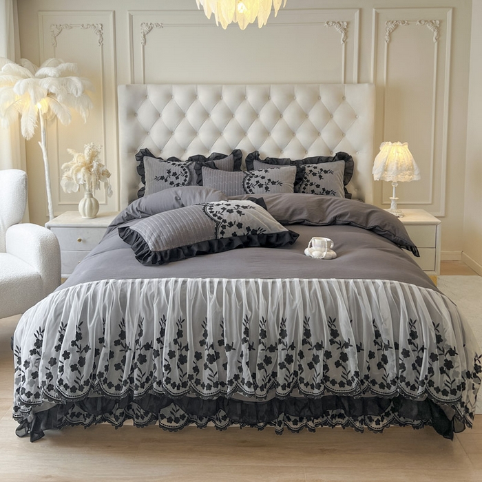 91家纺网 家纺一手货源 找家纺 恋尚 2025新款香云纱床裙四件套-赫本妮娅 赫本妮娅-深灰