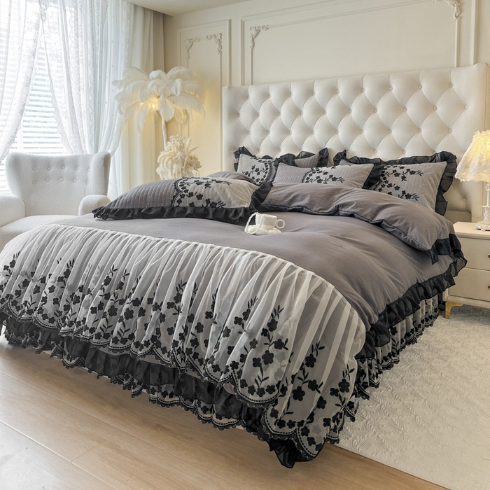 91家纺网 家纺一手货源 找家纺 恋尚 2025新款香云纱床裙四件套-赫本妮娅 赫本妮娅-深灰