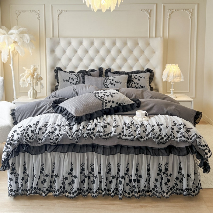 91家纺网 家纺一手货源 找家纺 恋尚 2025新款香云纱床裙四件套-赫本妮娅 赫本妮娅-深灰