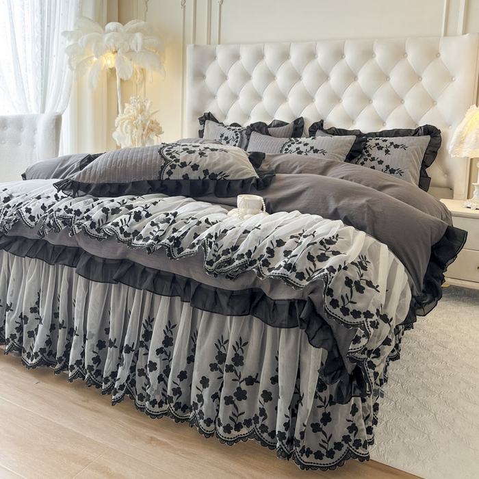 91家纺网 家纺一手货源 找家纺 恋尚 2025新款香云纱床裙四件套-赫本妮娅 赫本妮娅-深灰