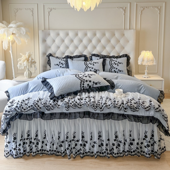 91家纺网 家纺一手货源 找家纺 恋尚 2025新款香云纱床裙四件套-赫本妮娅 赫本妮娅-天空蓝