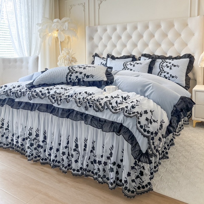 91家纺网 家纺一手货源 找家纺 恋尚 2025新款香云纱床裙四件套-赫本妮娅 赫本妮娅-天空蓝