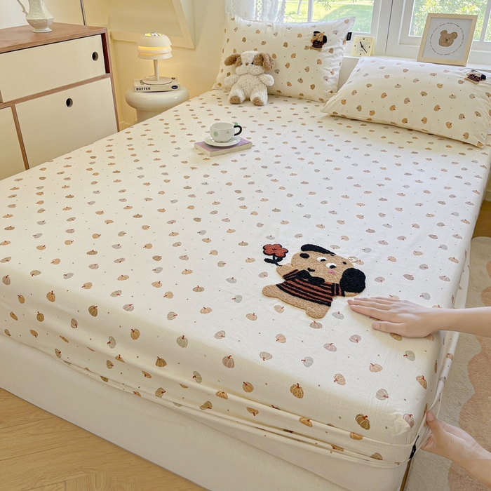 91家纺网 家纺一手货源 找家纺 卡姿家纺 2025秋冬ins小清新印花 — 床笠三件套 小狗南瓜