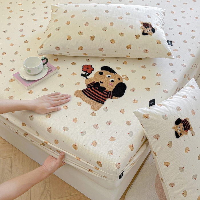 91家纺网 家纺一手货源 找家纺 卡姿家纺 2025秋冬ins小清新印花 — 床笠三件套 小狗南瓜