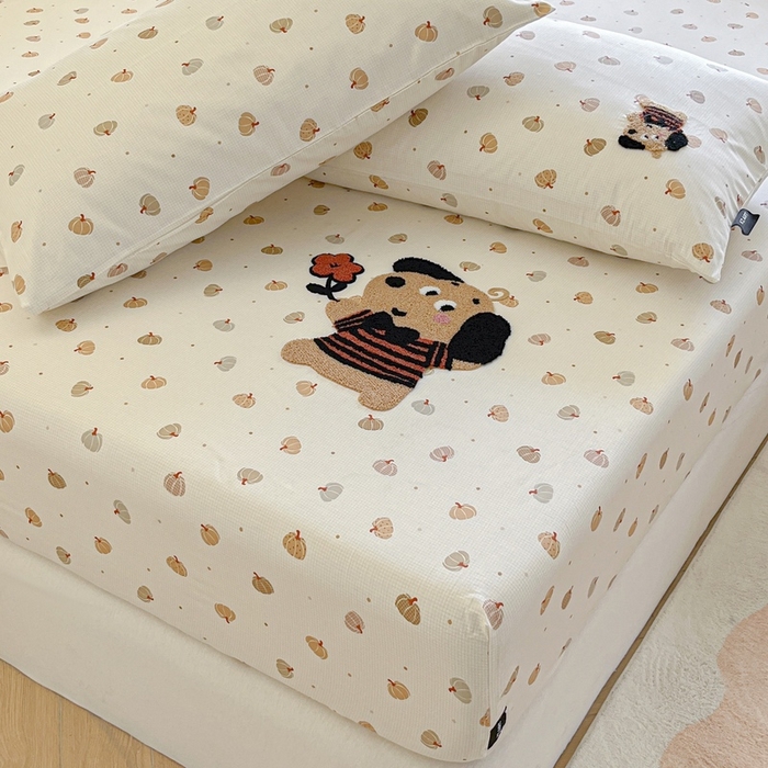 91家纺网 家纺一手货源 找家纺 卡姿家纺 2025秋冬ins小清新印花 — 床笠三件套 小狗南瓜