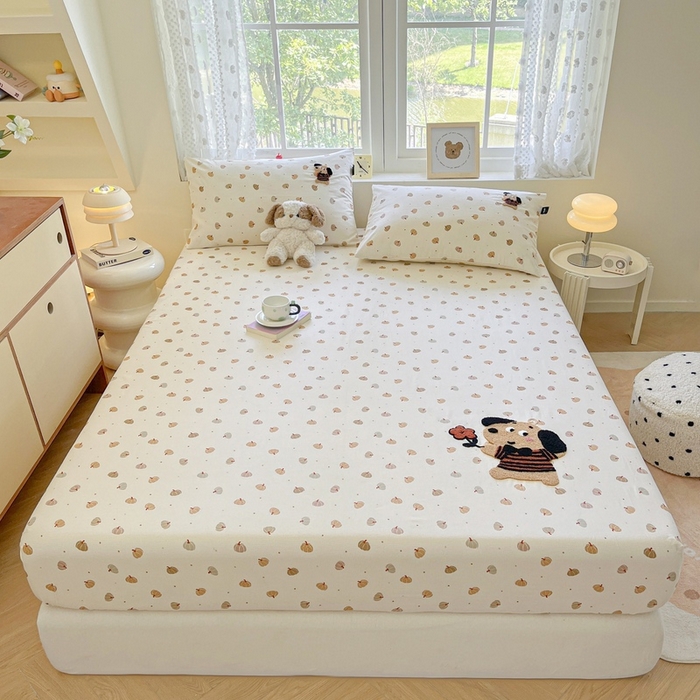 91家纺网 家纺一手货源 找家纺 卡姿家纺 2025秋冬ins小清新印花 — 床笠三件套 小狗南瓜